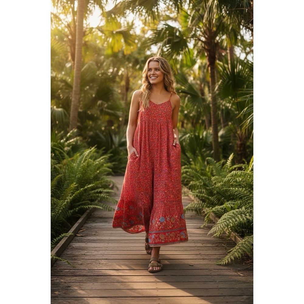 Natural Life Medium Jamie Jumpsuit Romper Wide Leg Red Floral Boho Festival